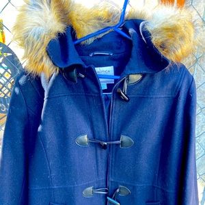 A New Wool Navy Blue Nautica Peacoat, fully lined, fur hoodie, size L. $50